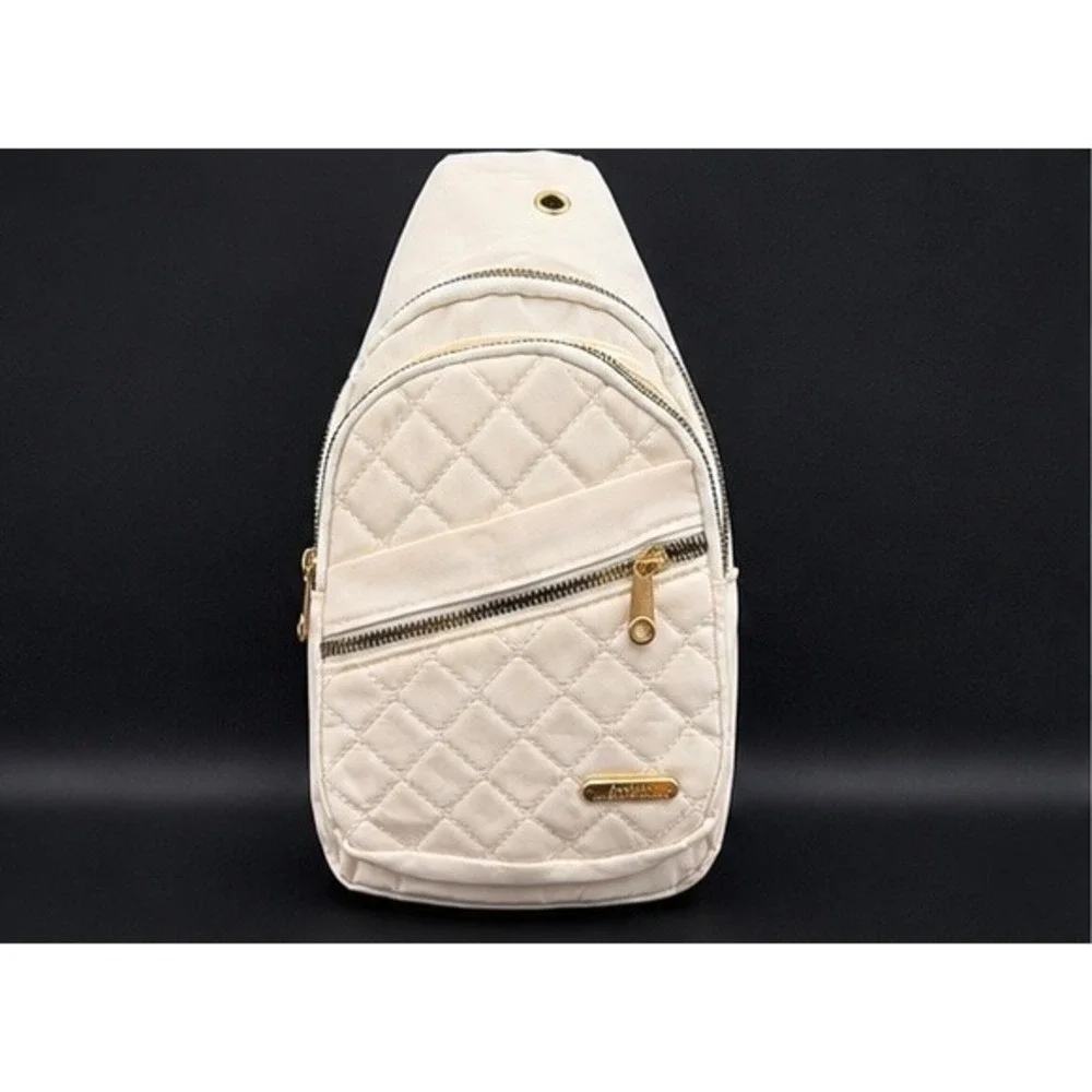 Cream Quilted Nylon Sling Bag Crossbody Backpack Gold Hardware NWOT